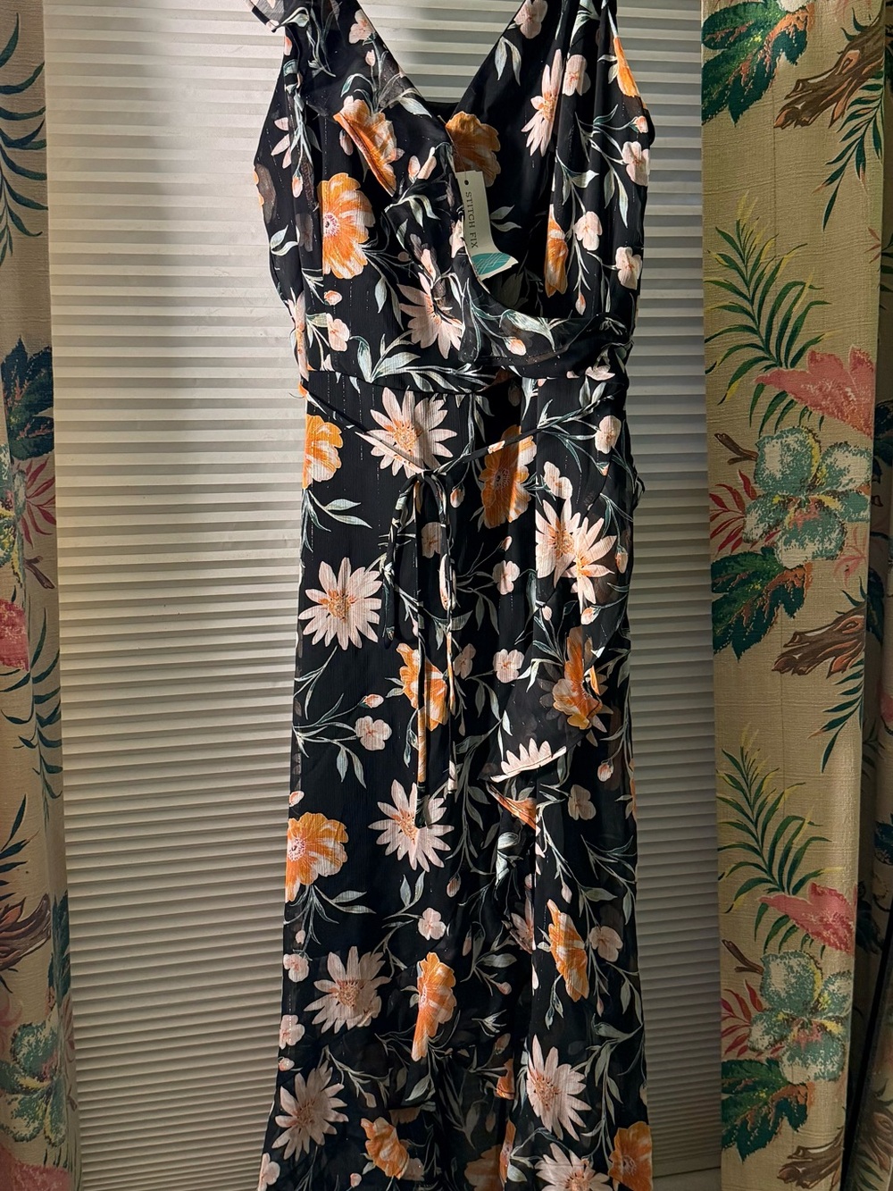 Stitch Fix Black Floral Wrap High-Low Dress with Orange & Cream Blooms